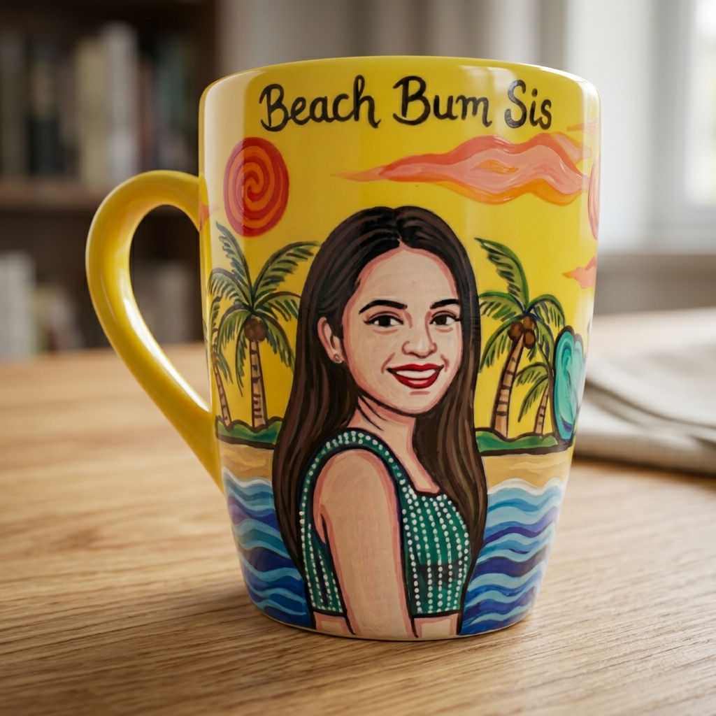 Beach Bum Sis | Photo Personalized Hand-Painted Pop Art Illustrated Caricature Mug | 300 ML