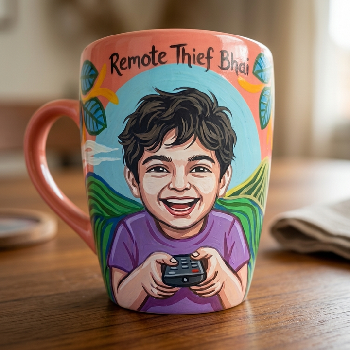Remote Thief Bhai | Photo Personalized Hand-Painted Pop Art Illustrated Caricature Mug | 300 ML
