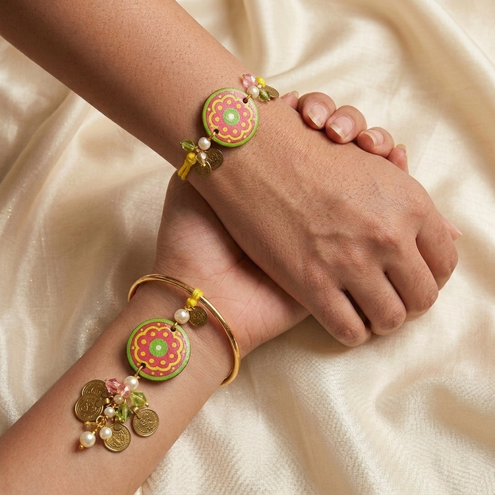 Personalized Floral Terracotta Bhaiya Bhabhi Couple Rakhi With Roli Chawal | Set Of 2