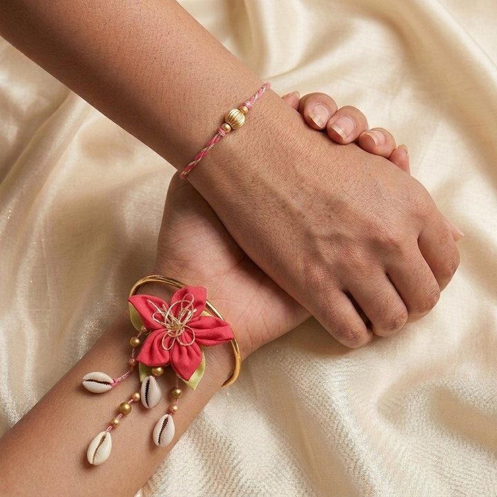 Handmade Shankh Latkan Design Couple Rakhi Lumba Set With Roli Chawal For Bhaiya Bhabhi