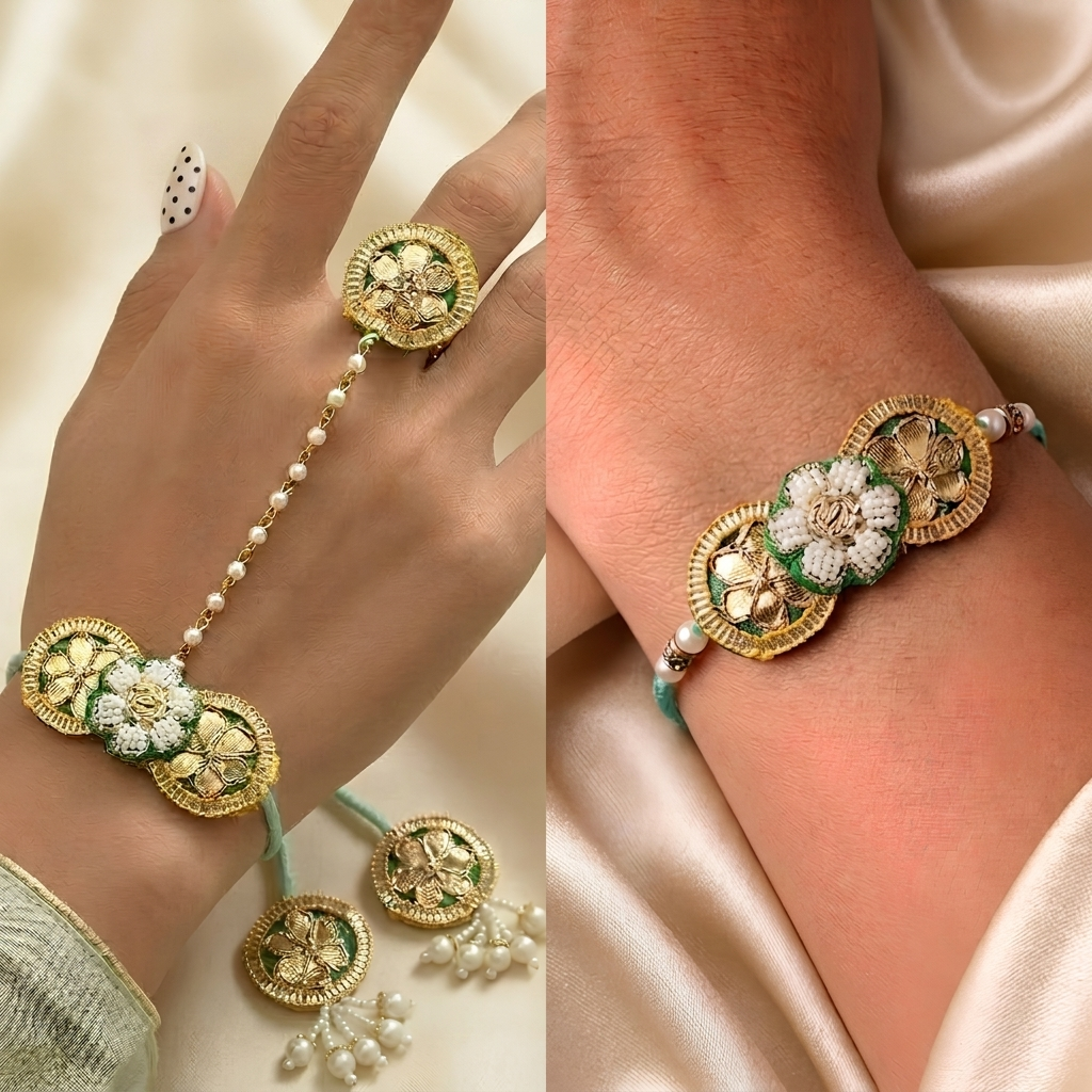 Handcrafted Gota Patti "Samriddhi" Couple Rakhi, Lumba & Haathphool Set With Roli Chawal for Bhaiya Bhabhi