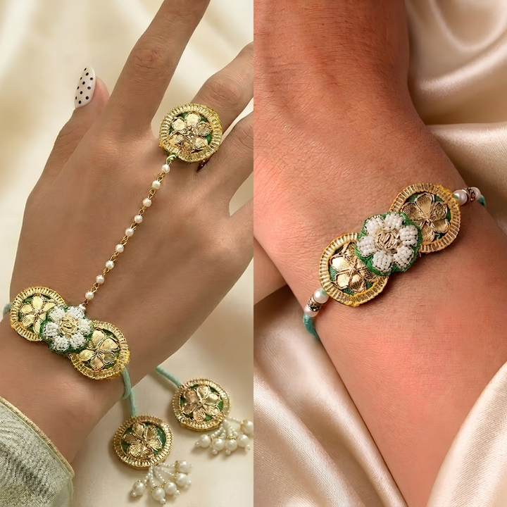 Handcrafted Gota Patti "Samriddhi" Couple Rakhi, Lumba & Haathphool Set With Roli Chawal for Bhaiya Bhabhi