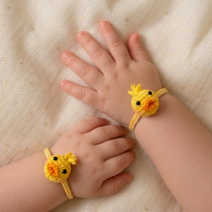 2 Pc | Handmade Crochet Doodling Duck Rakhi With Roli Chawal For Newborn Twins