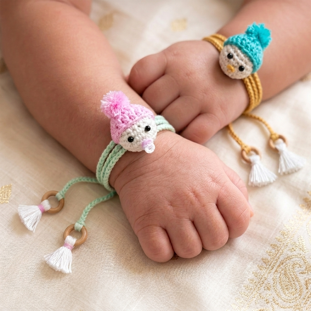2 Pc | Handmade Crochet Rakhi Set With Roli Chawal For Newborn Twins
