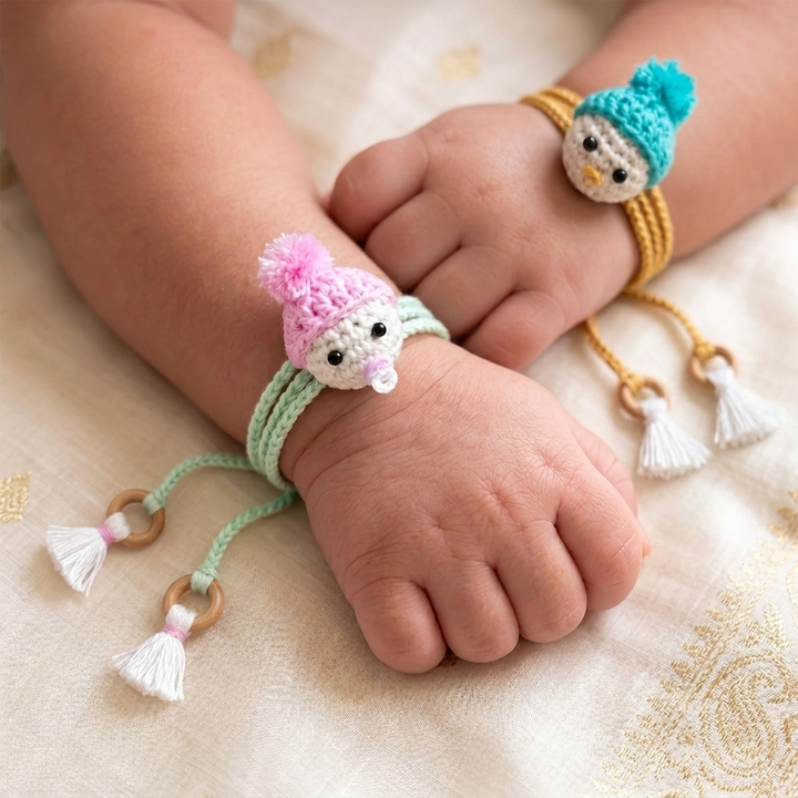 2 Pc | Handmade Crochet Rakhi Set With Roli Chawal For Newborn Twins
