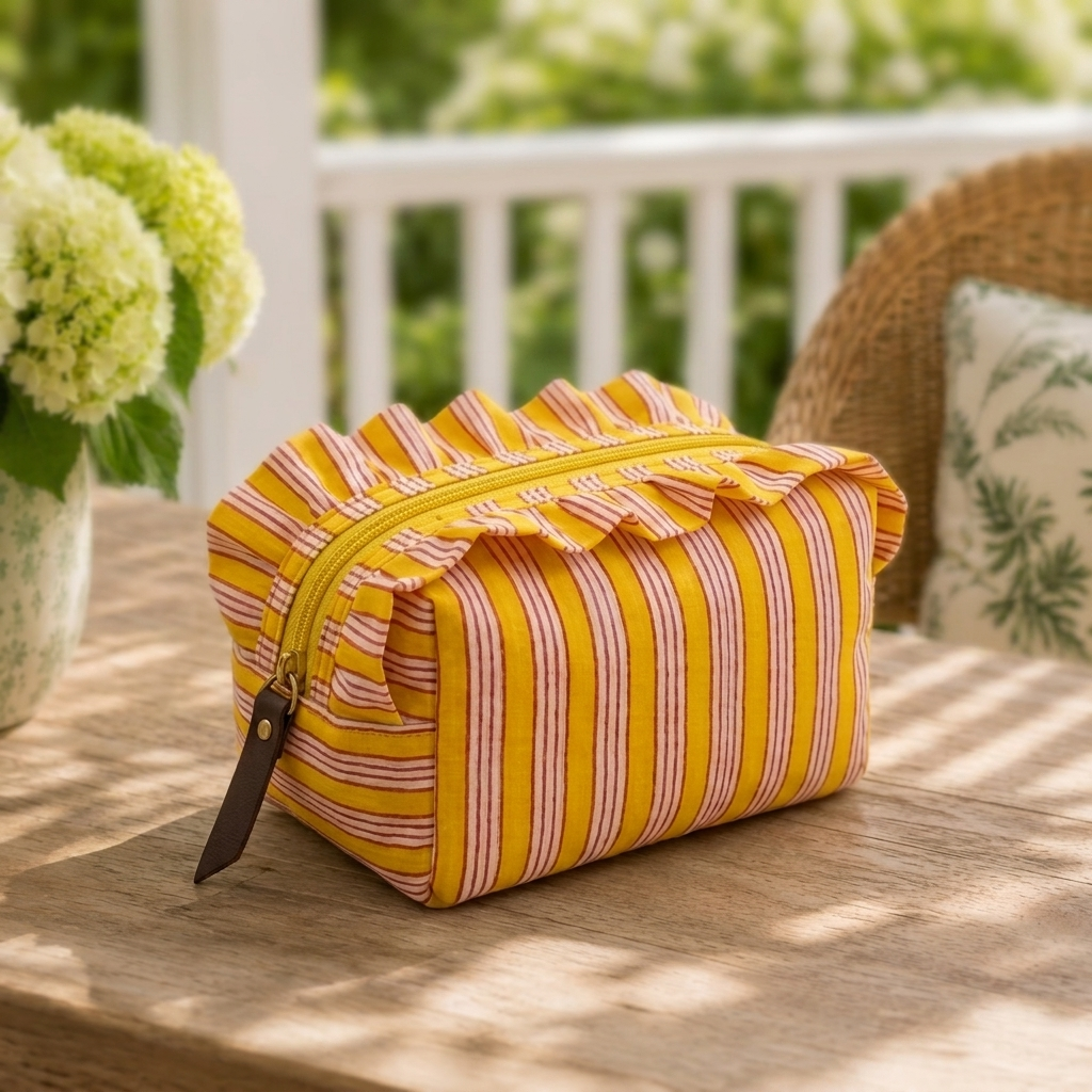 "Daisy" Whimsical Vanity Pouch With Smooth Zipper For Women | Thin Stripes