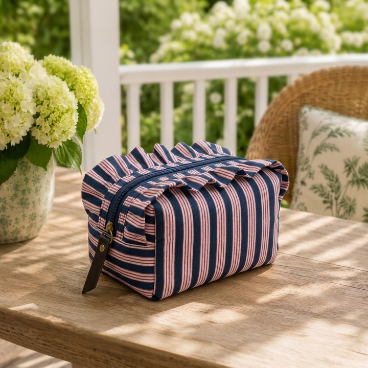 "Daisy" Whimsical Vanity Pouch With Smooth Zipper For Women | Thin Stripes
