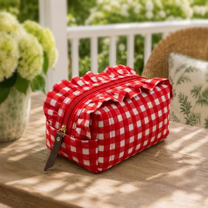 "Daisy" Whimsical Vanity Pouch With Smooth Zipper For Women | Checks