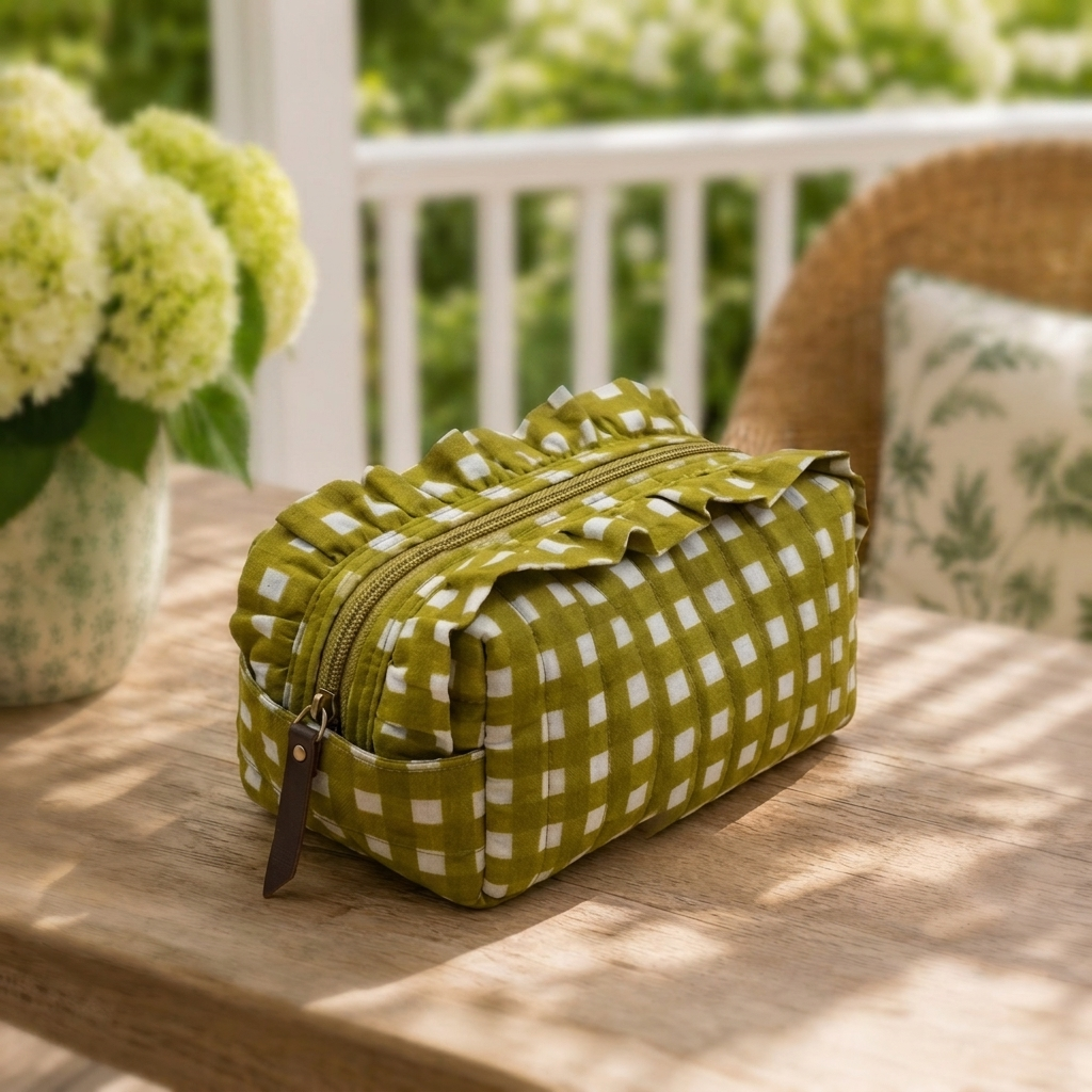 "Daisy" Whimsical Vanity Pouch With Smooth Zipper For Women | Checks