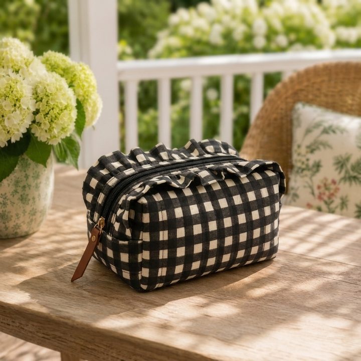"Daisy" Whimsical Vanity Pouch With Smooth Zipper For Women | Checks