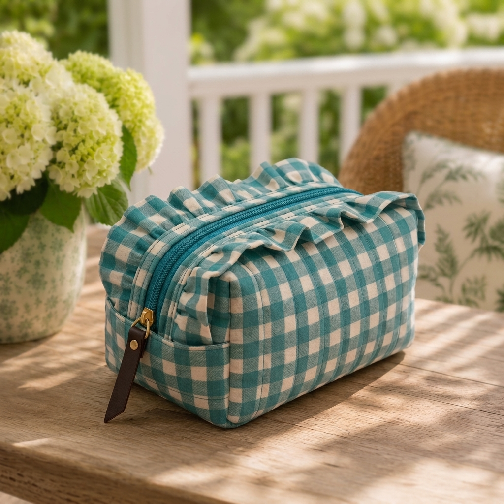 "Daisy" Whimsical Vanity Pouch With Smooth Zipper For Women | Checks
