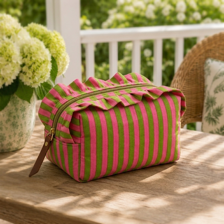 "Daisy" Whimsical Vanity Pouch With Smooth Zipper For Women | Thin Stripes