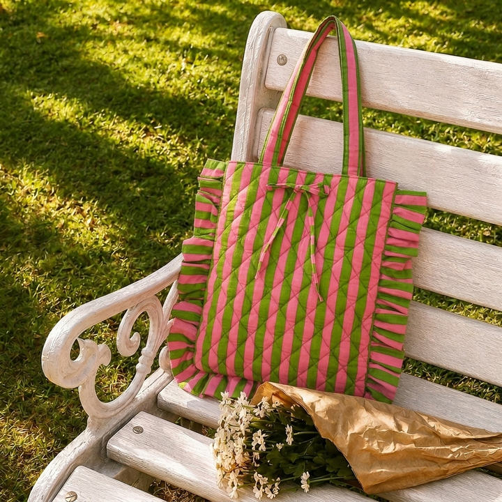 "Belle" Flat Tote Bag With Bow Detail & Magnetic Closure For Women | Thin Stripes