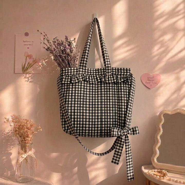 "Penelope" Large Tote Bag With Adjustable Tie-up Straps For Women | Checks