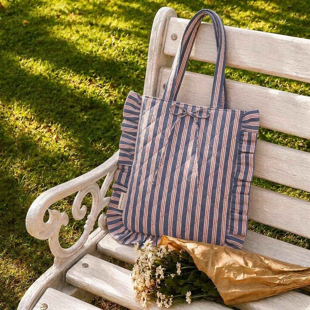 "Belle" Flat Tote Bag With Bow Detail & Magnetic Closure For Women | Thin Stripes