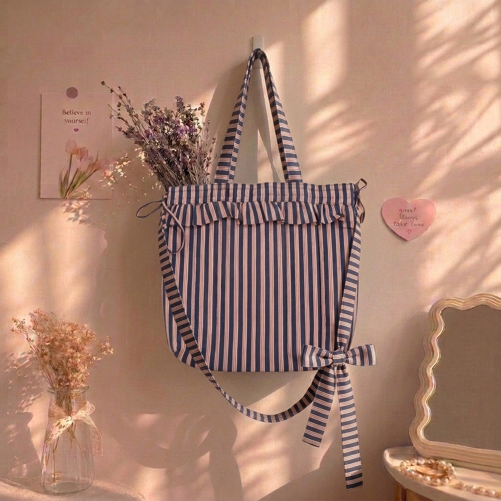 "Penelope" Large Tote Bag With Adjustable Tie-up Straps For Women | Thin Stripes