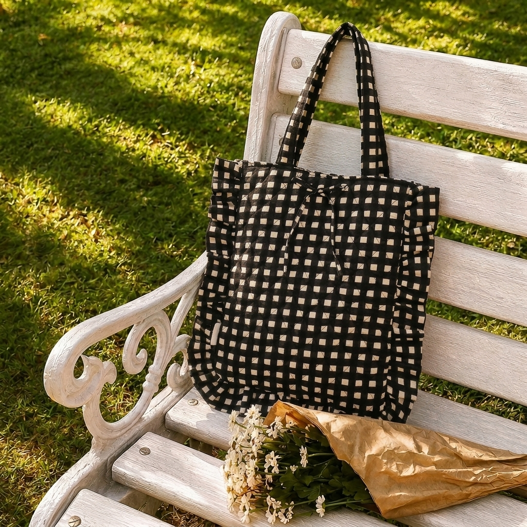 "Belle" Flat Tote Bag With Bow Detail & Magnetic Closure For Women | Checks