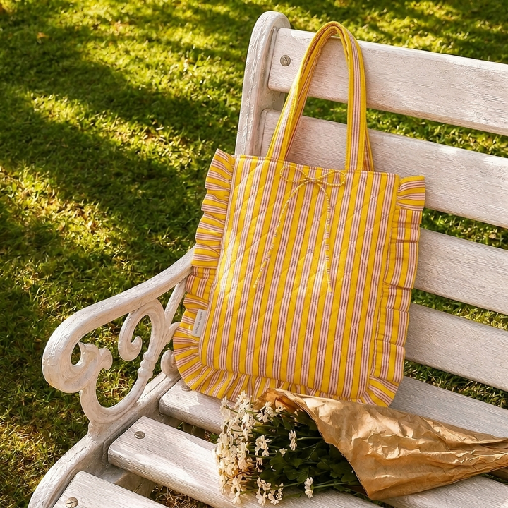 "Belle" Flat Tote Bag With Bow Detail & Magnetic Closure For Women | Thin Stripes
