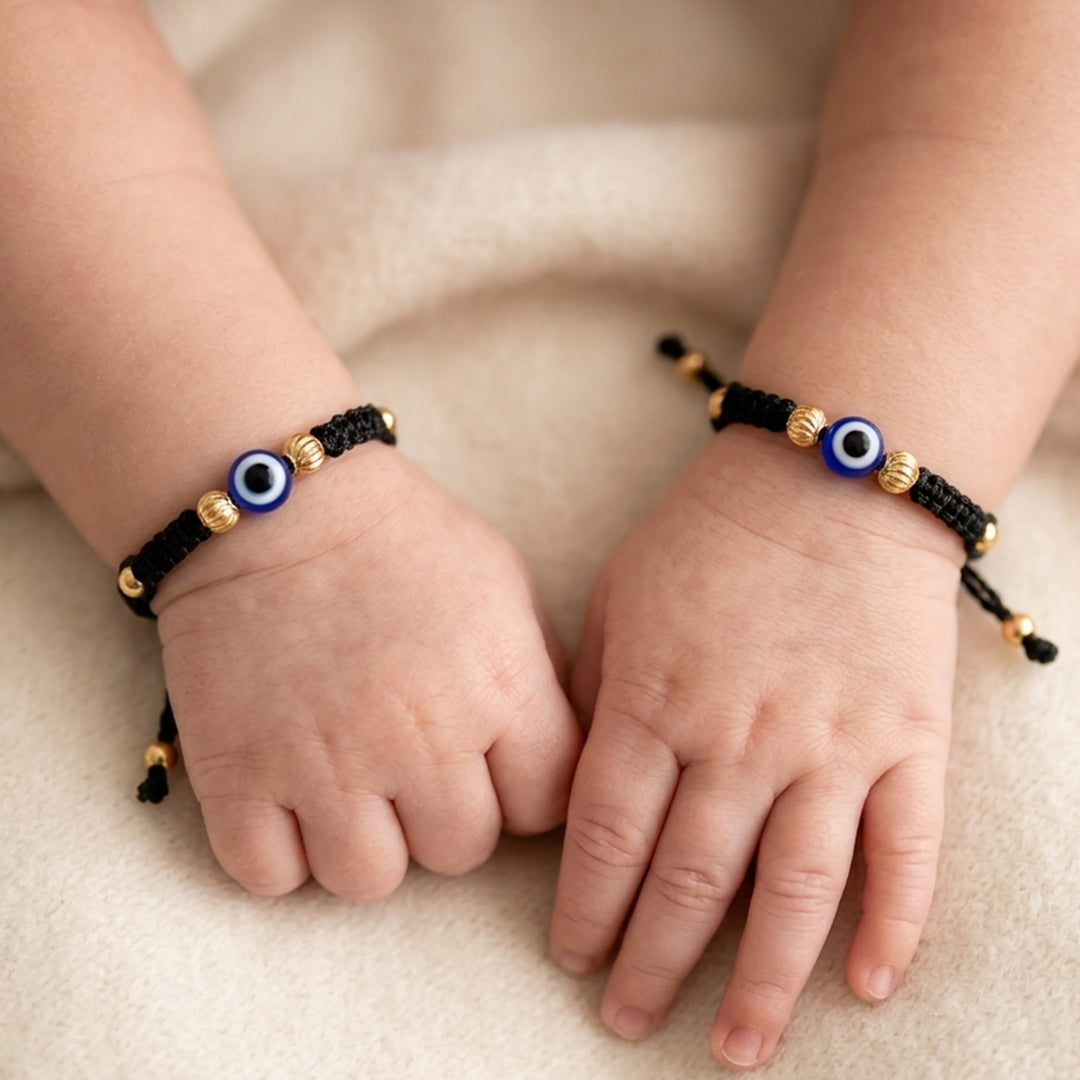 Cute Evil Eye Gold Plated Sterling Silver Kids Nazariya Thread Rakhis With Roli Chawal For Newborn Twins | Set of 2