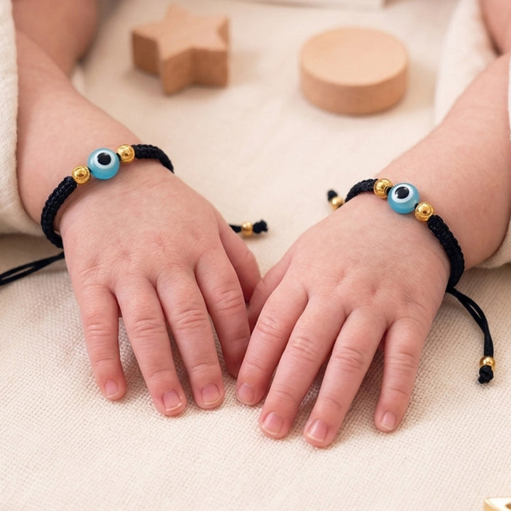 Evil Eye Gold Plated Sterling Silver Kids Nazariya Adjustable Thread Rakhi With Roli Chawal For Newborn Twins | Set of 2