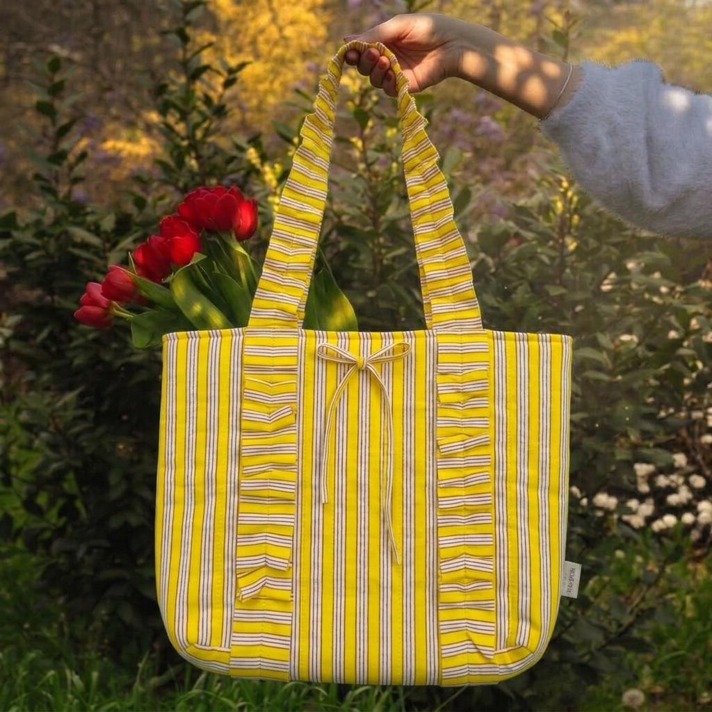 "Esmeralda" Ruffled Tote Bag With Vertical Ruffle Details For Women | Thin Stripes