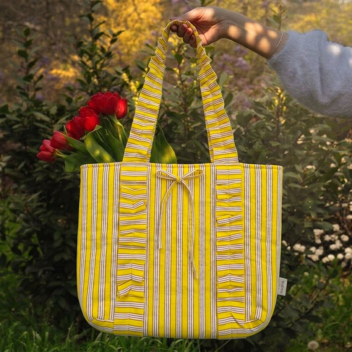 "Esmeralda" Ruffled Tote Bag With Vertical Ruffle Details For Women | Thin Stripes
