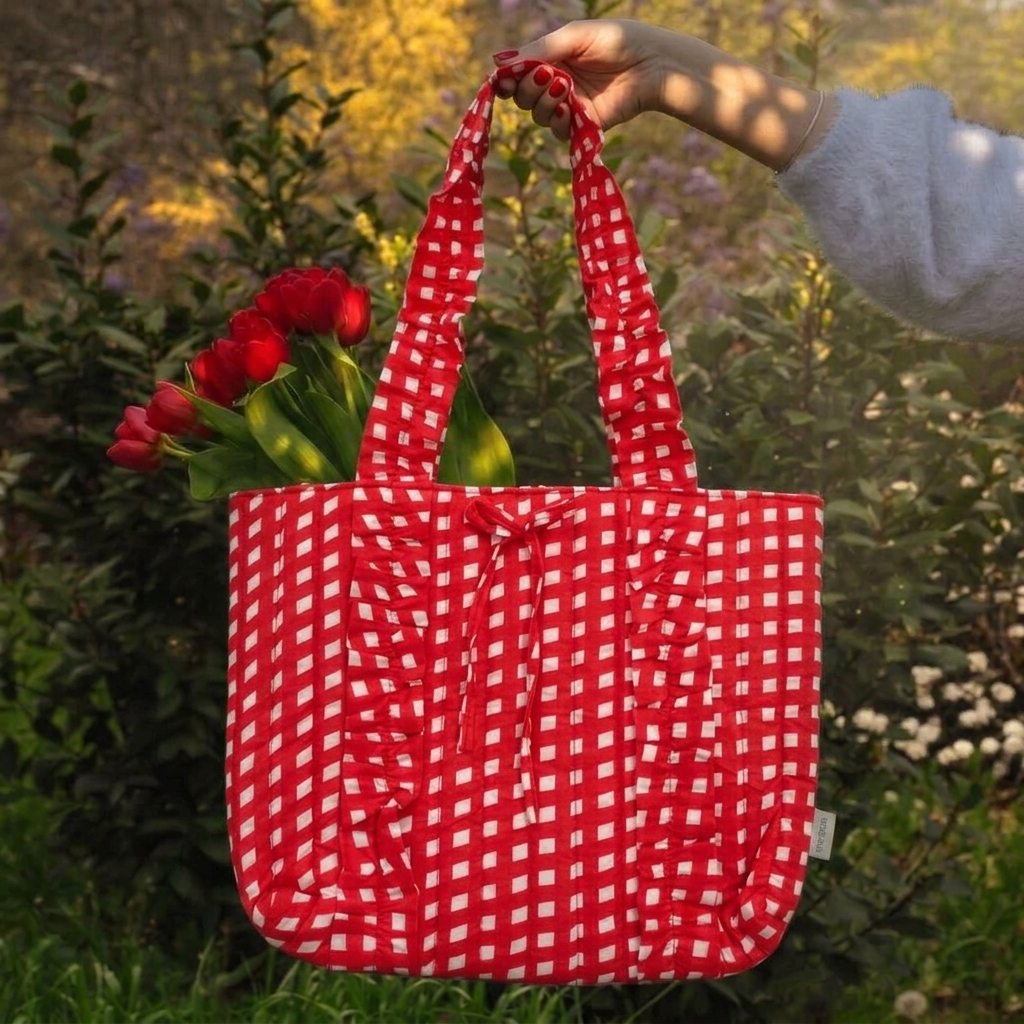 "Esmeralda" Ruffled Tote Bag With Vertical Ruffle Details For Women | Checks