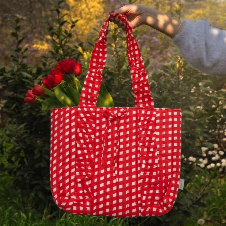 "Esmeralda" Ruffled Tote Bag With Vertical Ruffle Details For Women | Checks