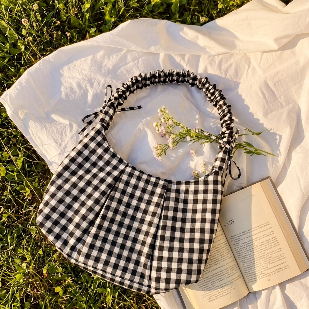"Eloise" Handbag With Ruffled Straps & Bow Details For Women | Checks