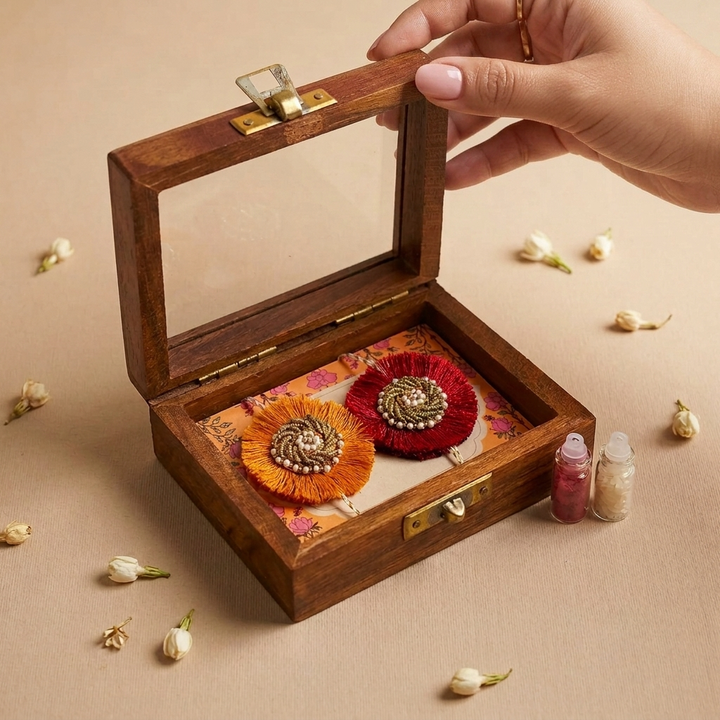 Handmade Zardozi Surajmukhi Bhaiya Bhabhi Rakhi With Wooden Box & Roli Chawal | Set of 2