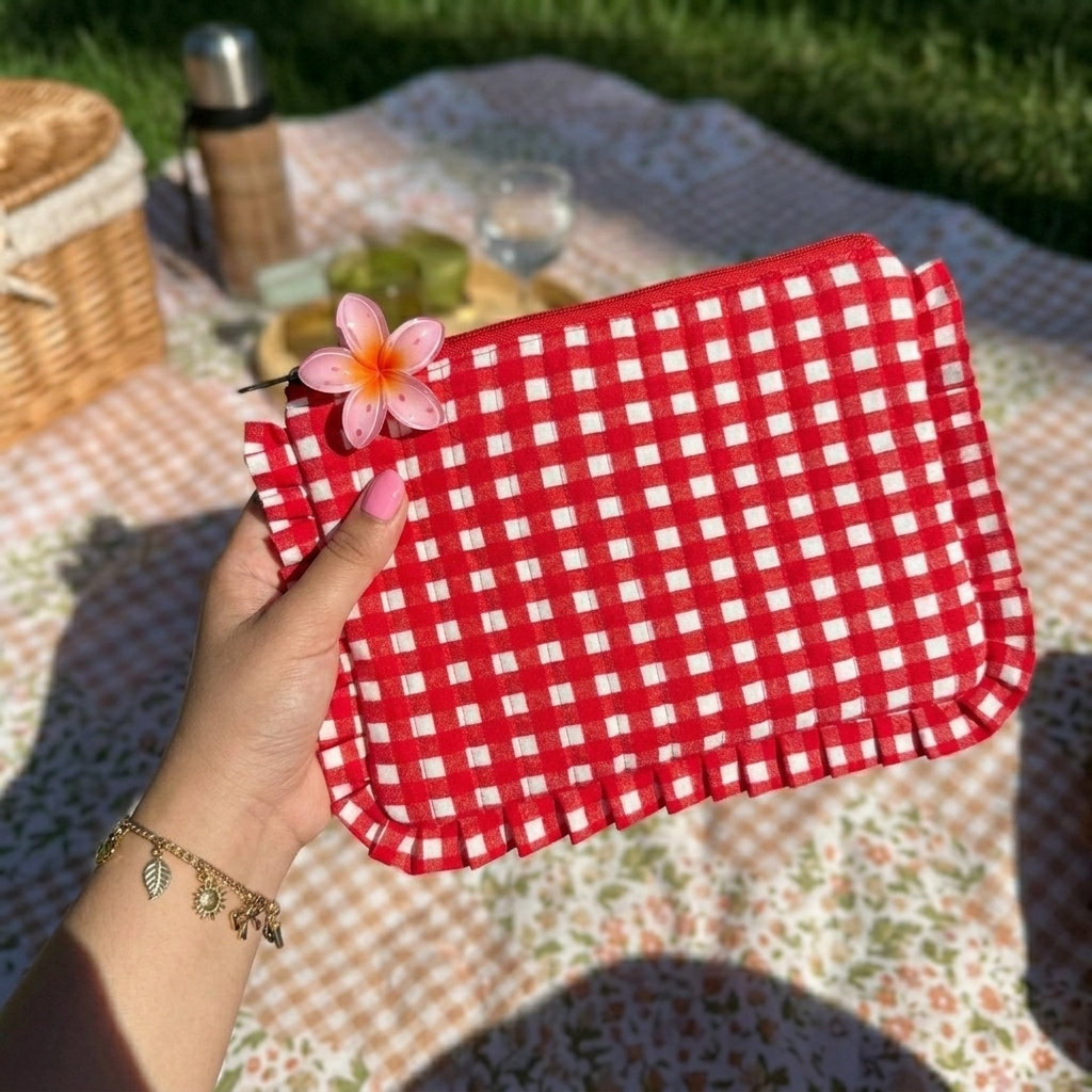 "Lana" Compact Flat Pouch With Ruffled Edges For Women | Checks