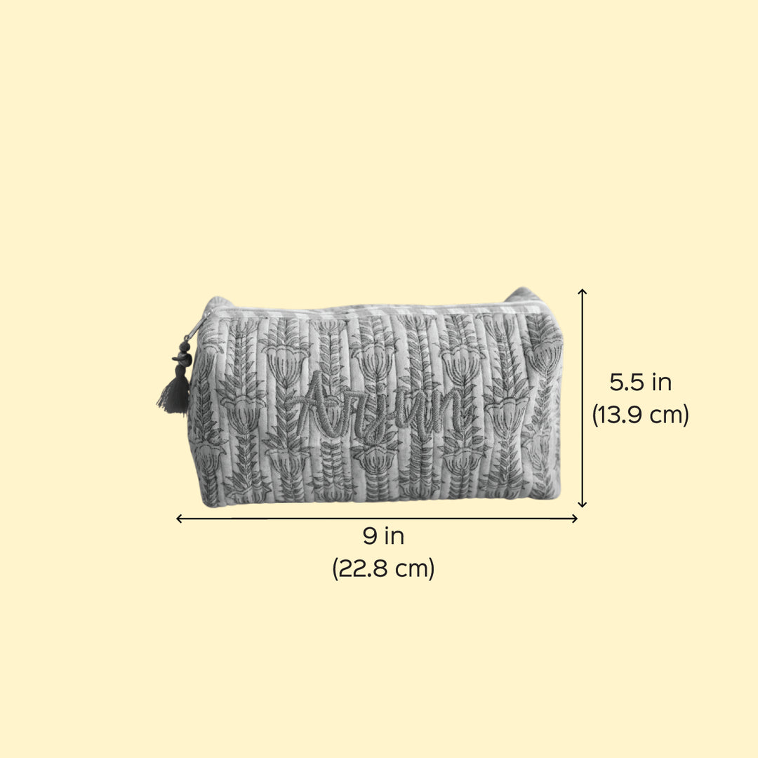 Personalized Block Printed Light Blue Cotton Cosmetic Pouch