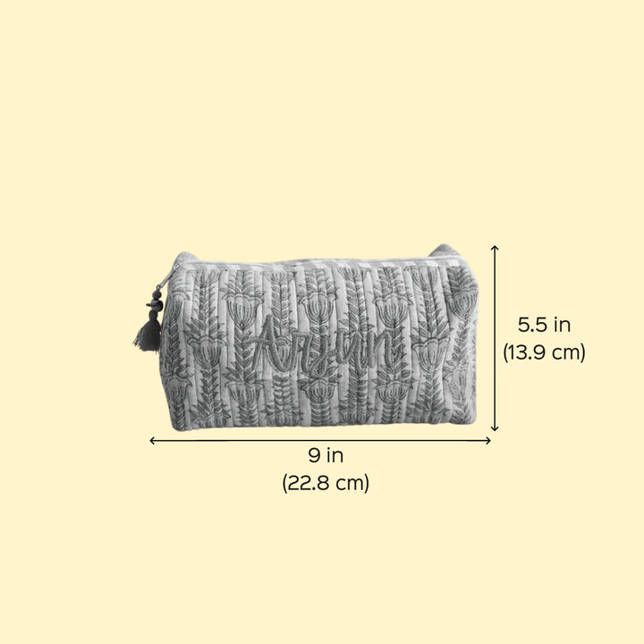 Personalized Block Printed Light Blue Cotton Cosmetic Pouch