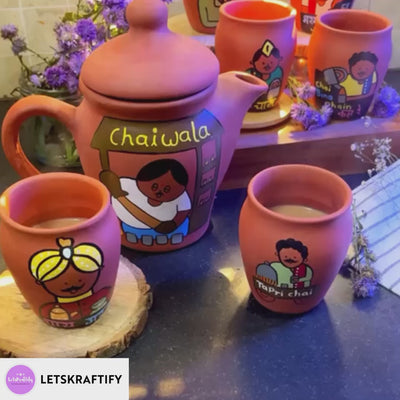 Handpainted Clay Chaiwala Tea Set with Kulhads & Teapot