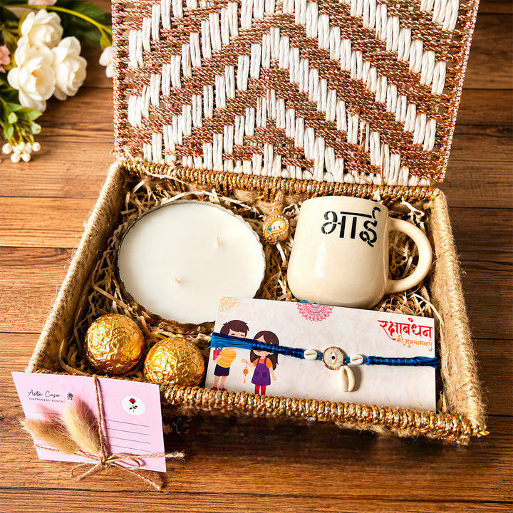 "Forever Bhai Celebration" Mug Ceramic Rakhi Hamper With Urli Candle & Metal Basket For Brother
