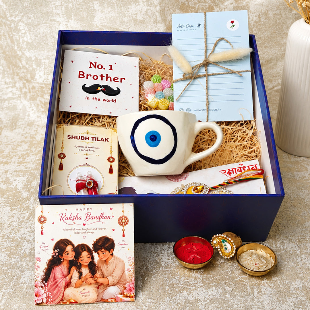 "Evil Eye Blessings" Ceramic Mug Rakhi Hamper With Rakhi Set & Roli Chawal For Bhaiya Bhabhi