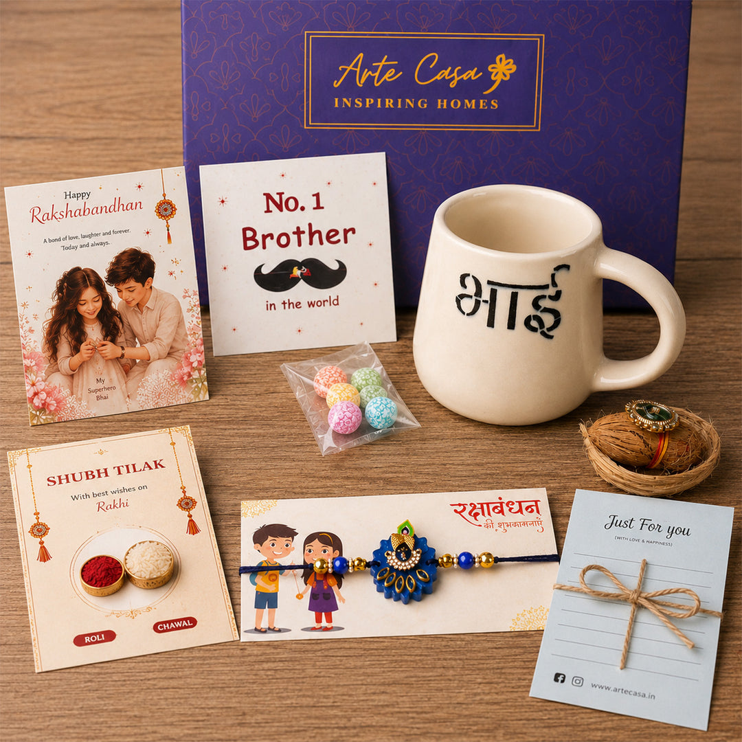 Krishna Rakhi Ceramic Mug Hamper With Bhai Mug & Roli Chawal For Brother