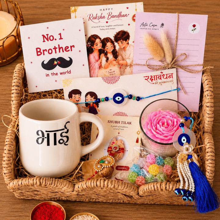 "Divine Bond" Pink Candle Bhai Mug Rakhi Hamper With Roli Chawal & Gift Box For Bhaiya Bhabhi
