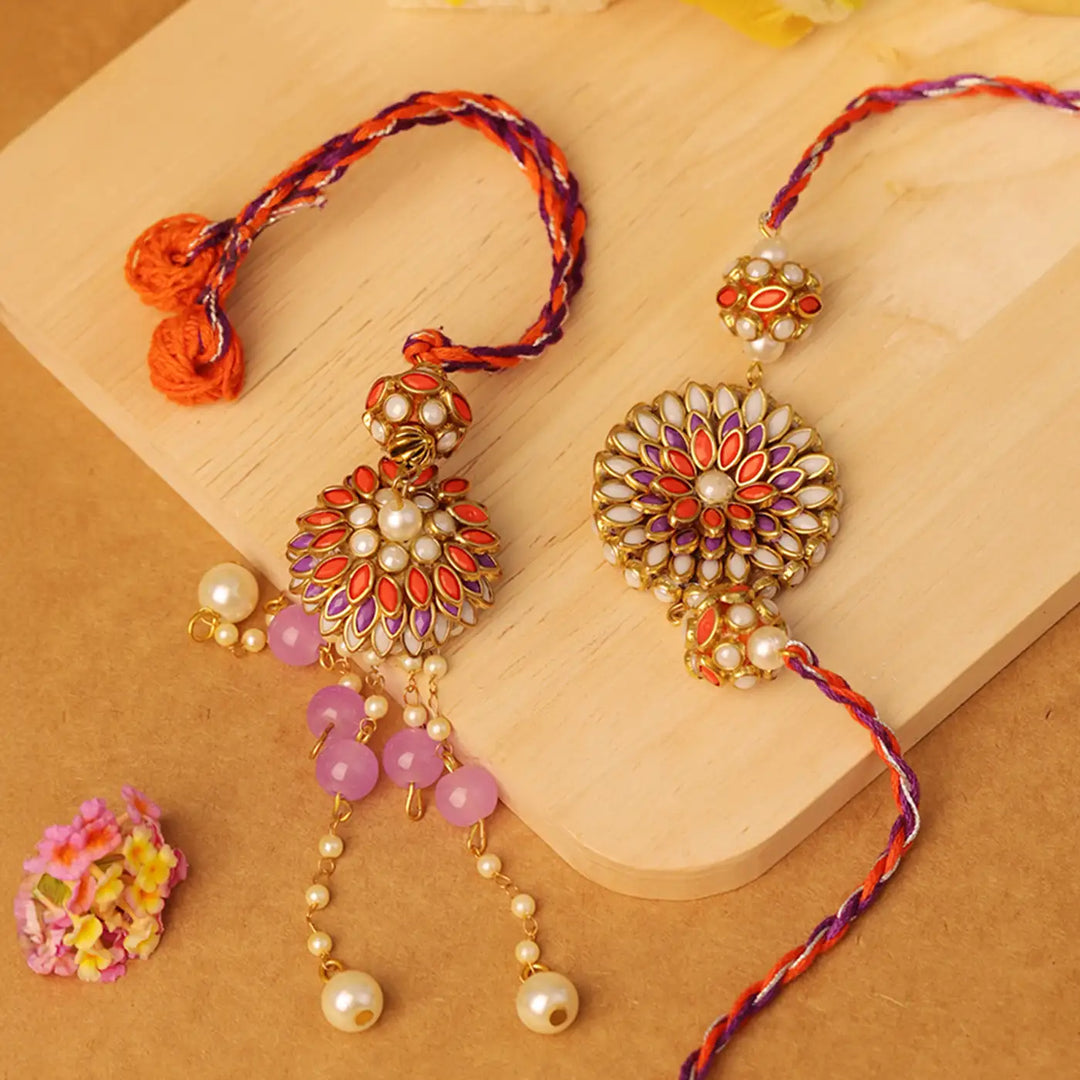 Handmade Beaded Flower Bhaiya Bhabhi Rakhi With Roli Chawal | Set Of 2