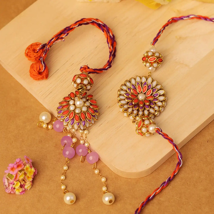 Handmade Beaded Flower Bhaiya Bhabhi Rakhi With Roli Chawal | Set Of 2