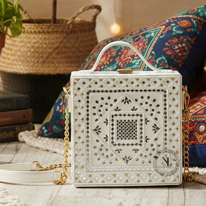 Handcrafted White Mandala Lippan Art Potli Sling Bag