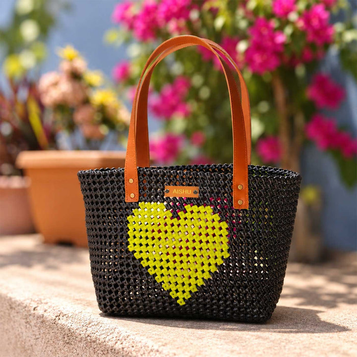 "Double Crush" Pink & Green Heart Mukhya Knot Handmade Wire Koodai Tote Bag