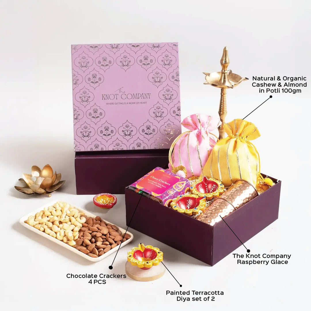 Celestial Diwali Corporate Gift Hamper | Includes 4 Cracker Chocolates, 2 Dry Fruit Potlis, 2 Copper Glasses, 2 Terracotta Diyas, 1 Gift Box