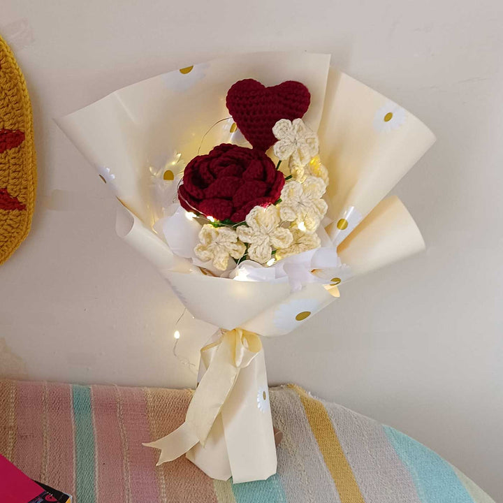 Handmade Crochet Heart Strings Theme Flower Bouquet With Lights