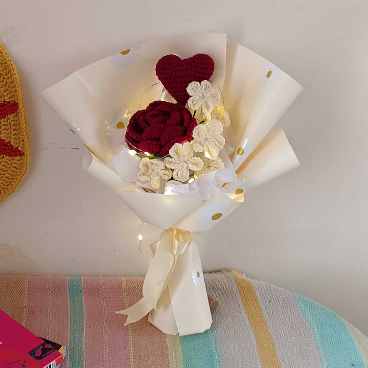 Handmade Crochet Heart Strings Theme Flower Bouquet With Lights