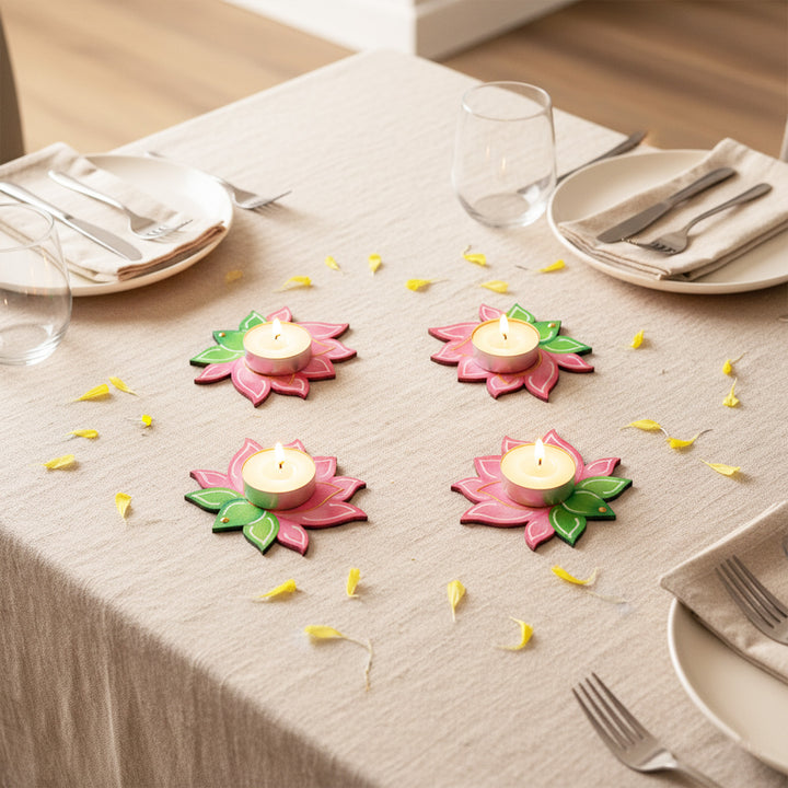 Hand-Painted Lotus MDF Wood Tealight Holder