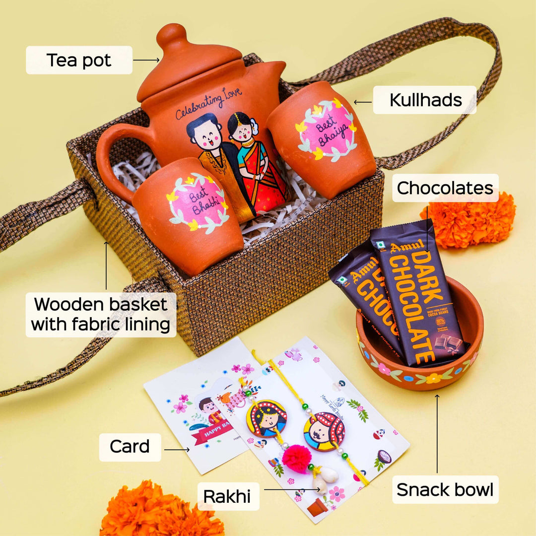 Photo Personalized Terracotta Caricature Teaset Rakhi Hamper