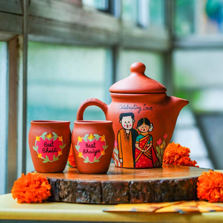 Photo Personalized Terracotta Caricature Teaset Rakhi Hamper