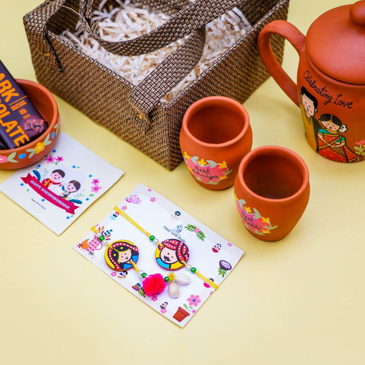 Photo Personalized Terracotta Caricature Teaset Rakhi Hamper