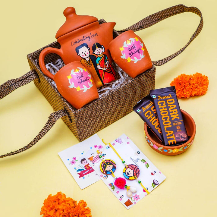 Photo Personalized Terracotta Caricature Teaset Rakhi Hamper